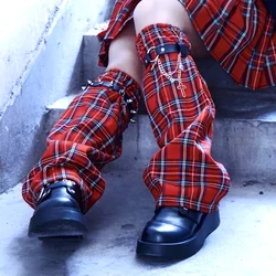 Y2K Japanese Kill Matt Rock Punk Style Splicing Red Grid Rivet  Concave Shape legging  Knee cover Womens 2023