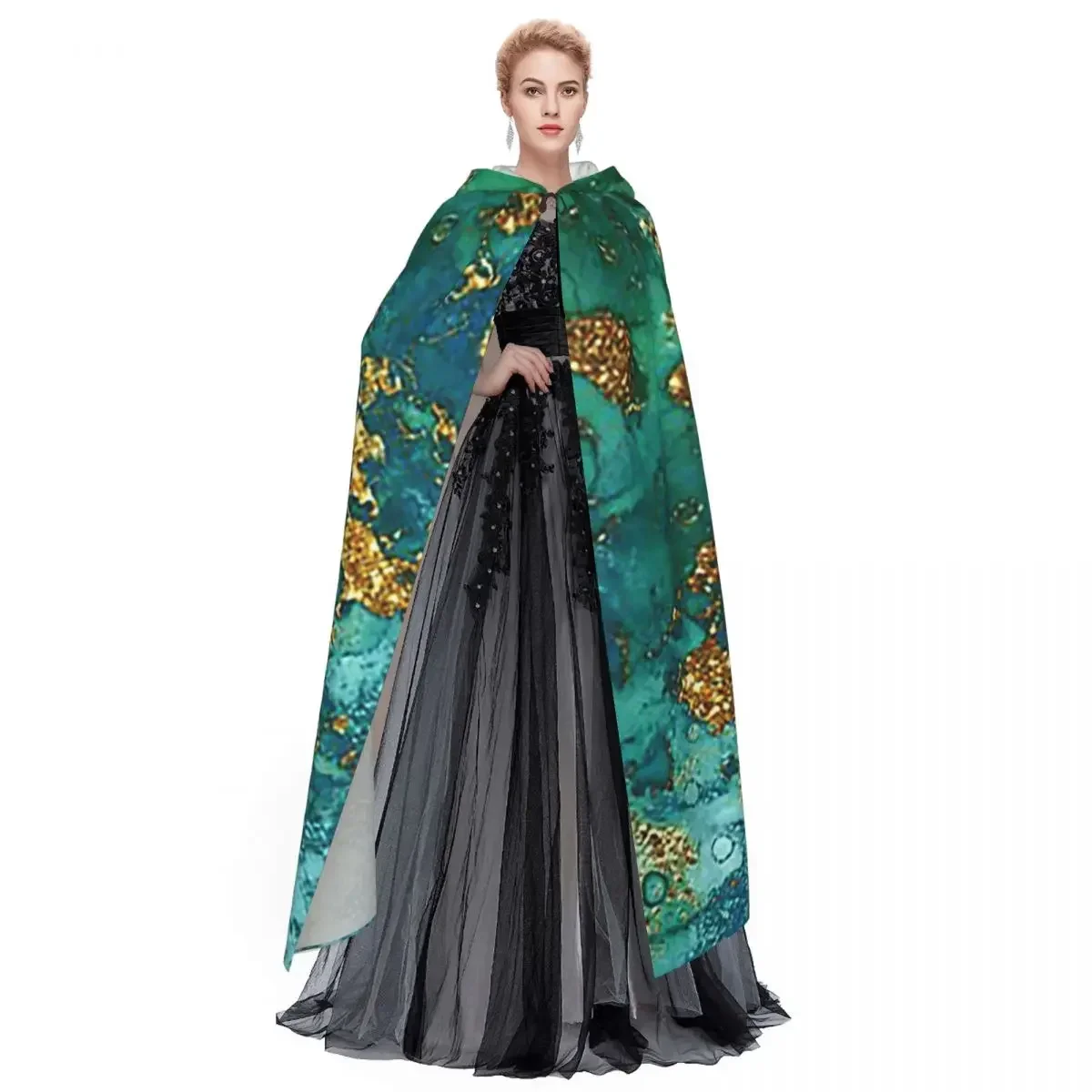 Custom Sparkling Gold Glitter Faux Marble Long Hooded Cloak Witch Medieval Costume Cosplay Cape HalloweenVampire Adult Unisex