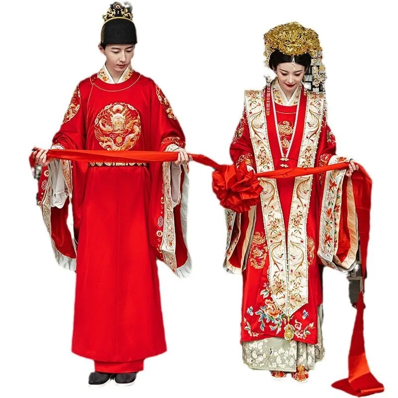 A complete set of ancient wedding dress with long tail and heavy embroidery for the  wedding featuring phoenix crown red robe