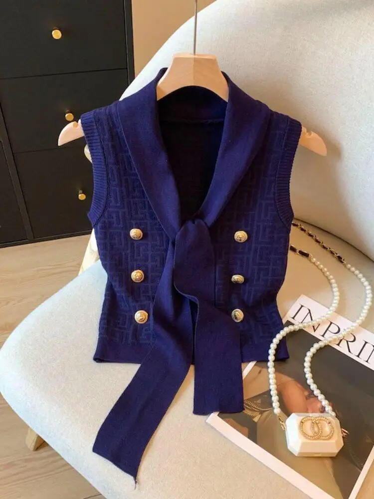 Summer Knitted Vest Women's Sleeveless V-Neck Belted Short Style Classy Lady Fashion Outerwear Beautiful A-Line Narrow Shoulder