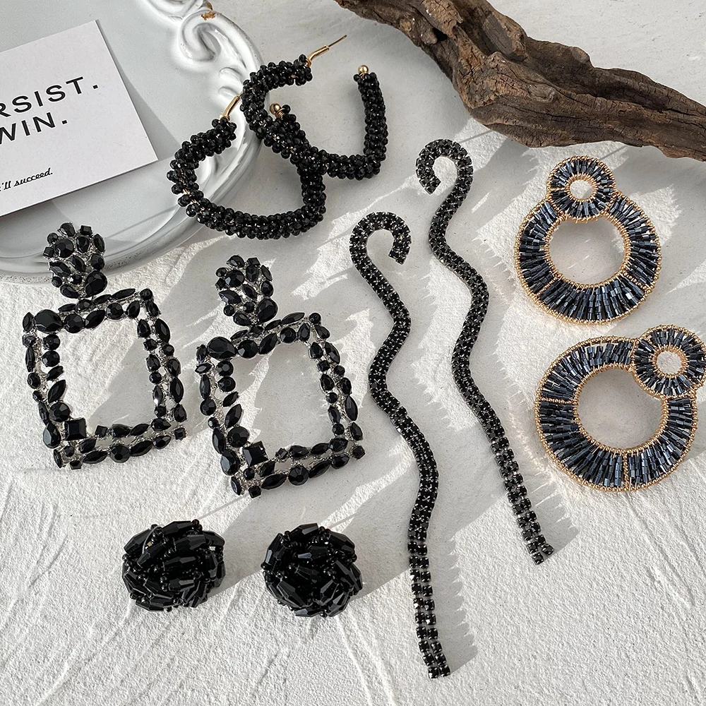Lifefontier Vintage Black Full Rhinestone Geometric Drop Earrings For Women Exaggeration Square Heart Charms Earring Jewelry