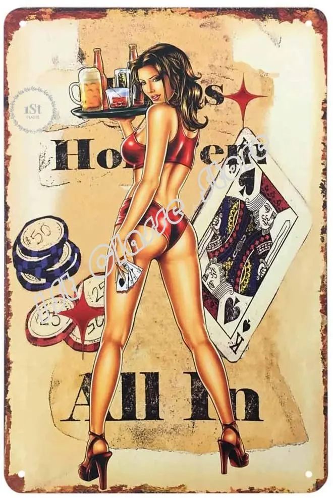 

Pinup Girls, Tin Sign,Casino Waitress with Red Bikini Play Poker Game Holding The Wine Tray Vintage Metal Tin Signs