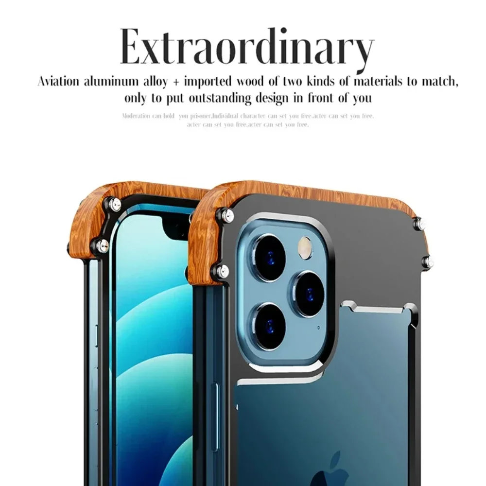آيفون 16 15 14 زائد 13 12 برو ماكس الحديد الخشب الحدود الوفير جراب هاتف الألومنيوم إطار معدني للصدمات Dropproof غطاء متين