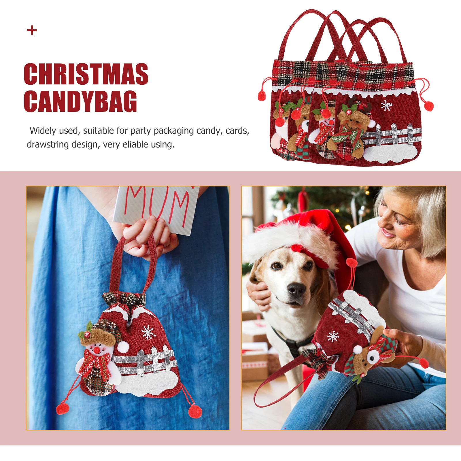 

4pcs Christmas Gift Bags Elder Santa Reindeer Bear Themes Treat Bags Drawstring Cloth Material For Party Favors Candy Gifts