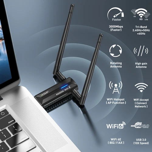 Imagen 2 del producto EDUP WiFi 6E tarjeta de red inalámbrica 3000Mbps USB 3,0 adaptador WiFi tri-banda 2,4G 5G 6G antena de alta ganancia receptor Wifi Dongle