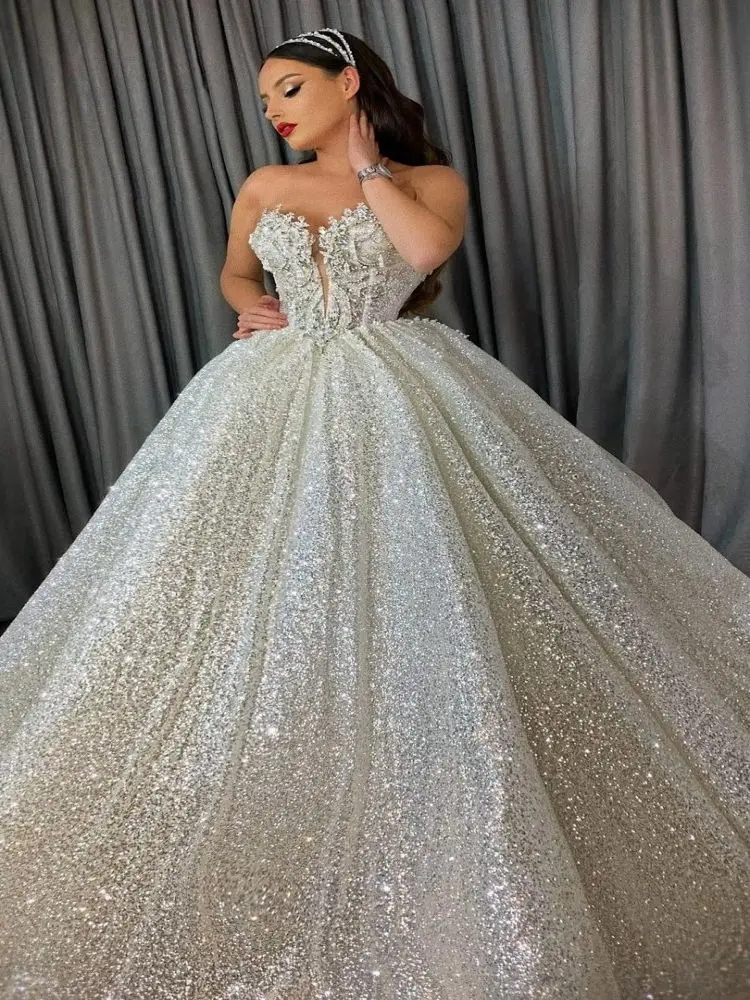Customized Dubai Luxury Sparkling Beads Sweetheart Ball Gowns Sequins Sleeveless Wedding Dress Bridal Gowns