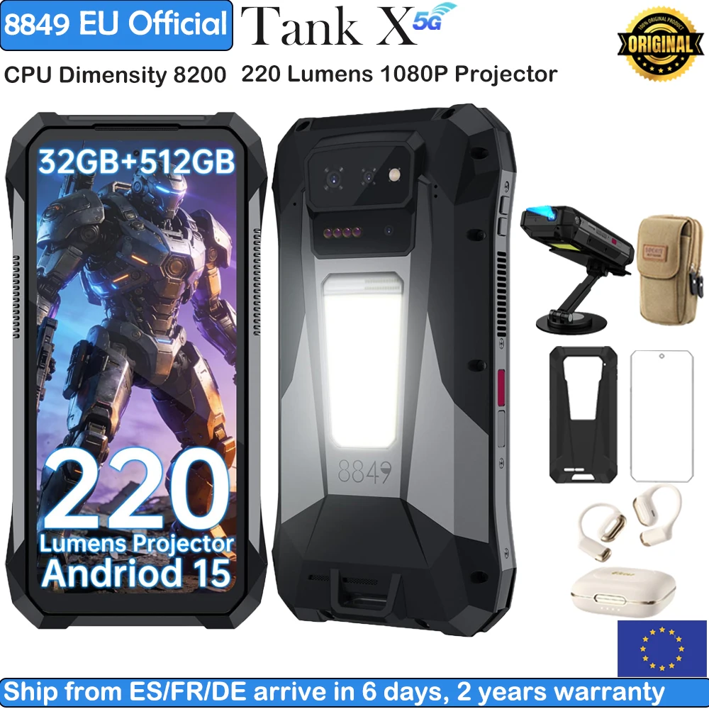 8849 Tank X Unihertz Téléphone robuste avec projecteur 220 lumens, prend en charge 1080P, Android 15, smartphone intelligent, 17600mAh, 32GB, 512GB, 5G Dimensity 8200