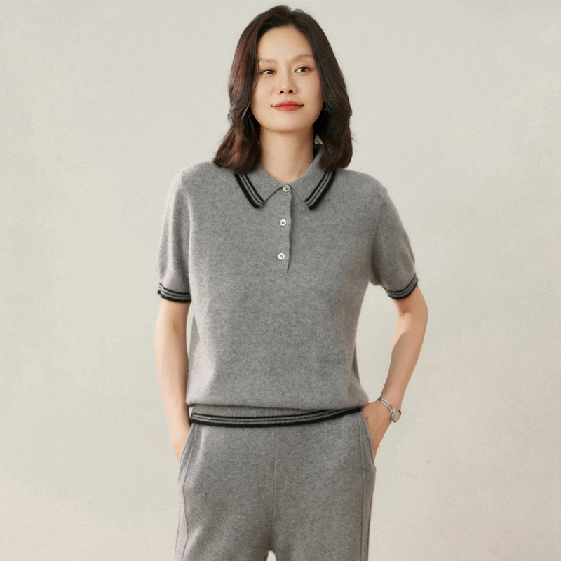 

100% pure cashmere pullover short sleeved autumn winter new women's T-shirt casual color blocked knitted sweater POLO collar Top