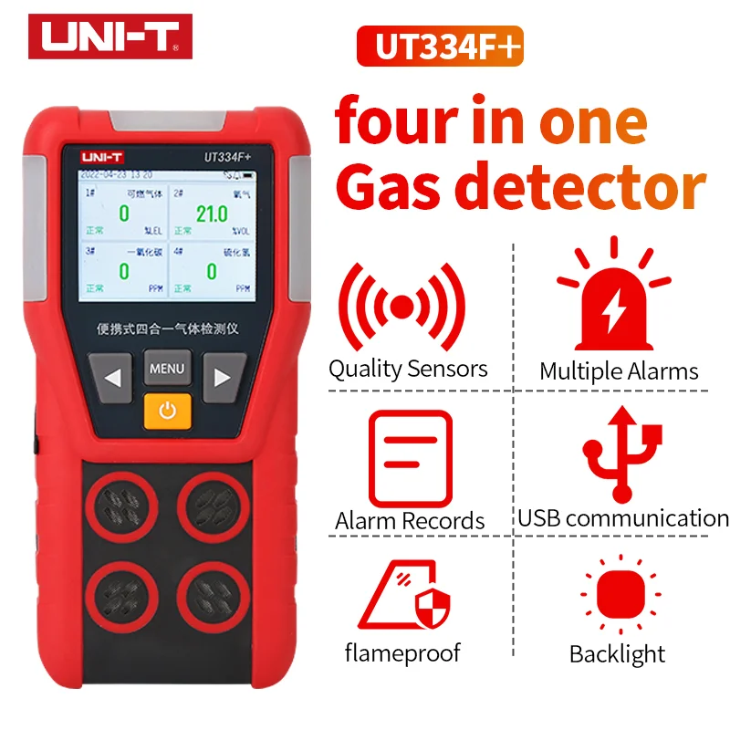 UNI-T 멀티 가스 감지기, 가스 계량기, O2 H2S CO LEL 산소, 황화수소 일산화탄소 가연성 가스 누출 감지기, UT334F 