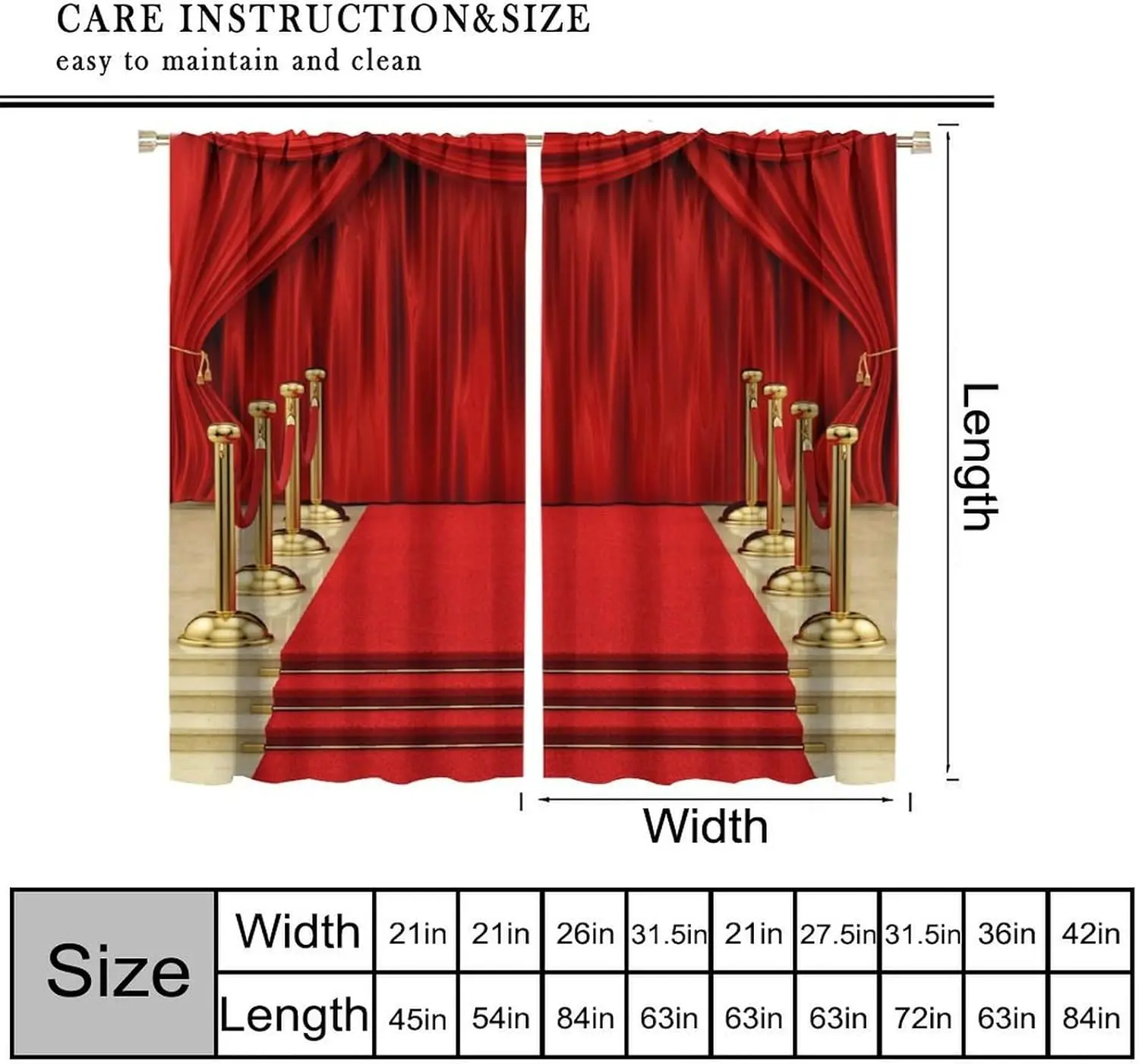 Theater Carpet Curtains, Vintage Stage Film Red Golden Art Printed Blackout Window Drapes for Office and Living Room