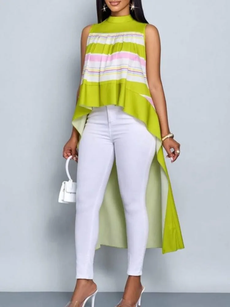 

Bonboho 2025 Stylish Women's T-shirt Contrast Color Mock Neck Sleeveless Vest Tops High-Low Loose Fit Pleated Extra-long Shirts