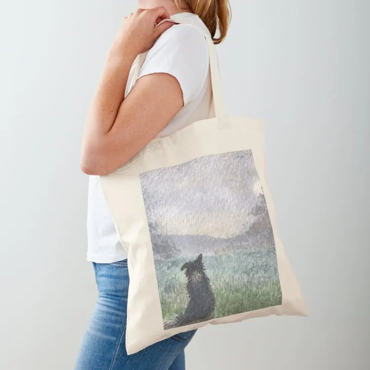 

Mist Before the Sun, Border Collie Dog in a Landscape Tote Bag shoping bag custom tote bag Women's bags Fabric