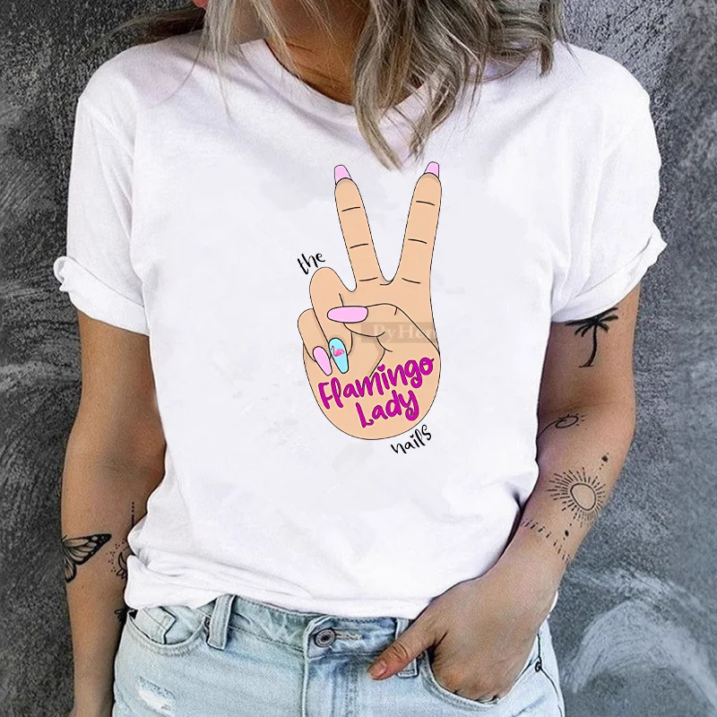

Simple Fashion Nail Polish Teen Summer T-shirt Men's and Women's Short Sleeve White T-shirt Women's Summer polyester fabric