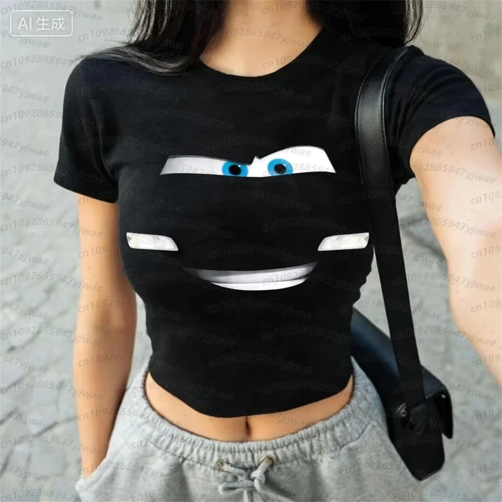 Summer 2026 Women cartoon red car Print Football Jersey Round Neck Short Sleeve Jersey Cheerleaders Crop Top kids women T-shirt