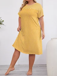 Large size women's pajamas  home clothing  casual round neck short sleeved polka dot printed nightgown