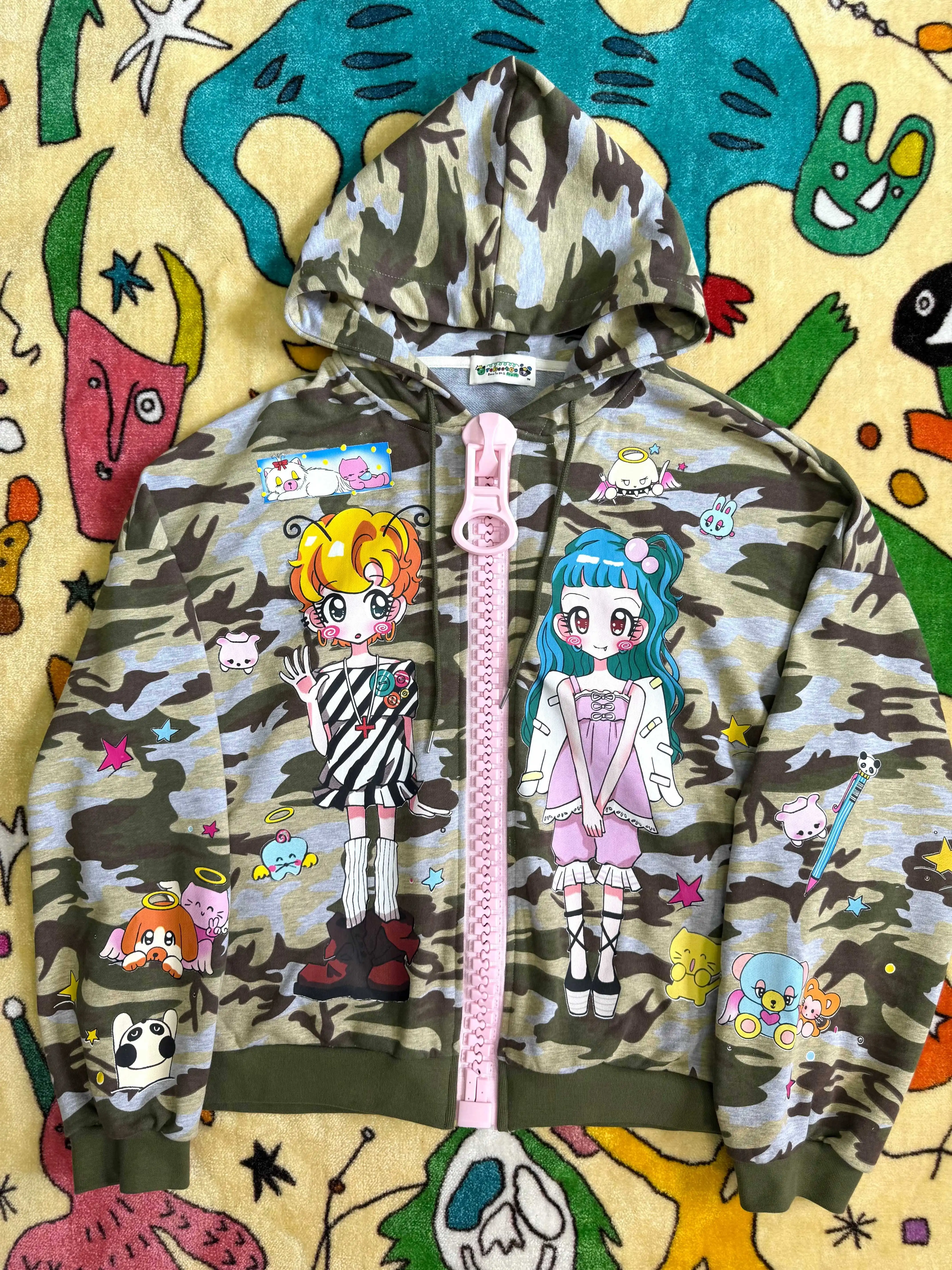 Robootoo Original Artist Floral Print Heavy Duty Zipper Camouflage Loose Jacket Cute Style Women's Short Outerwear Coat