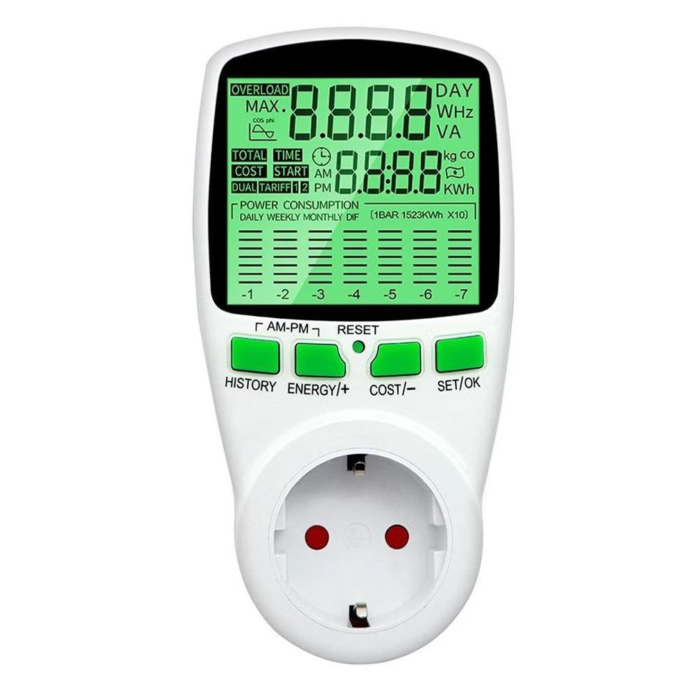 

Для измерителя мощности розетки с ЖК-дисплеем с подсветкой, использование энергии и стоимости бытовой техники до 3680 Вт в помещении.