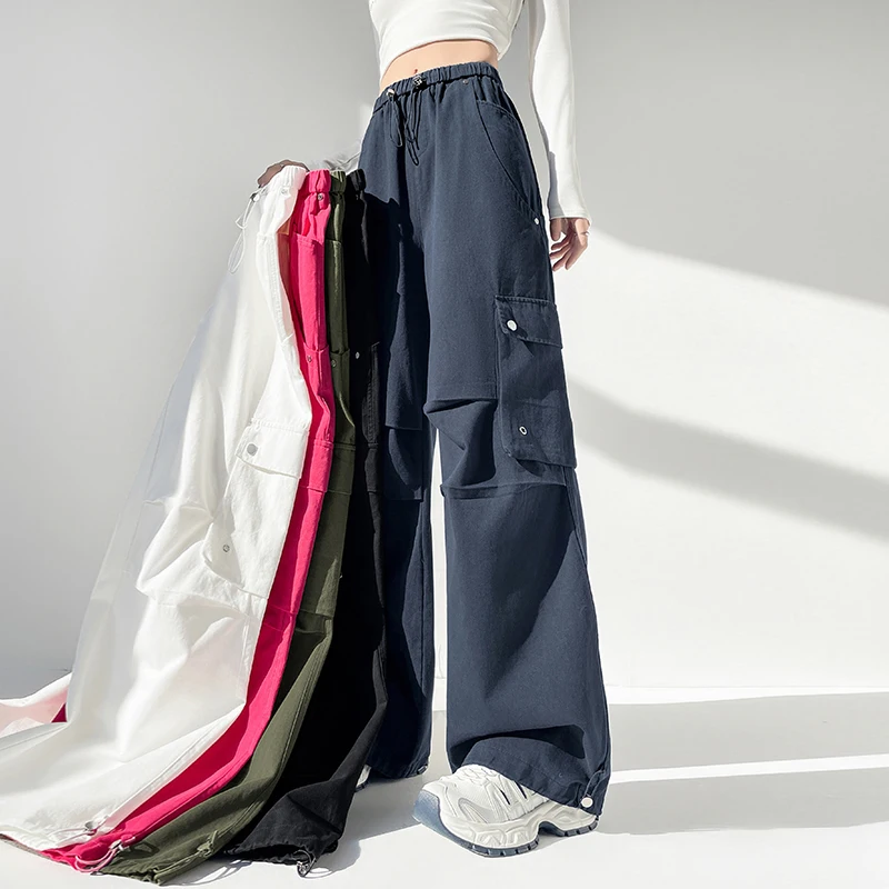 

Женские брюки карго из чистого хлопка, винтажные, повседневные, спортивные, с карманами, широкие штанины, ретро, свободные, с высокой талией, уличный стиль, женские спортивные штаны