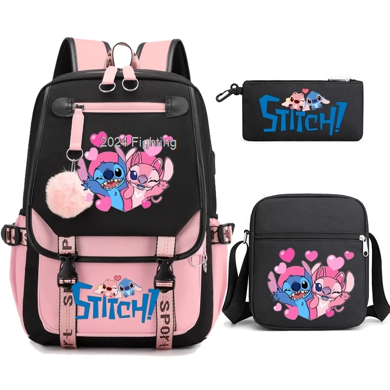 Lilo And Stitch School Bags for Teens Girls USB Canvas Backpacks Student Laptop Capacity Women Men Cartoon Travel Mochilas 3pcs