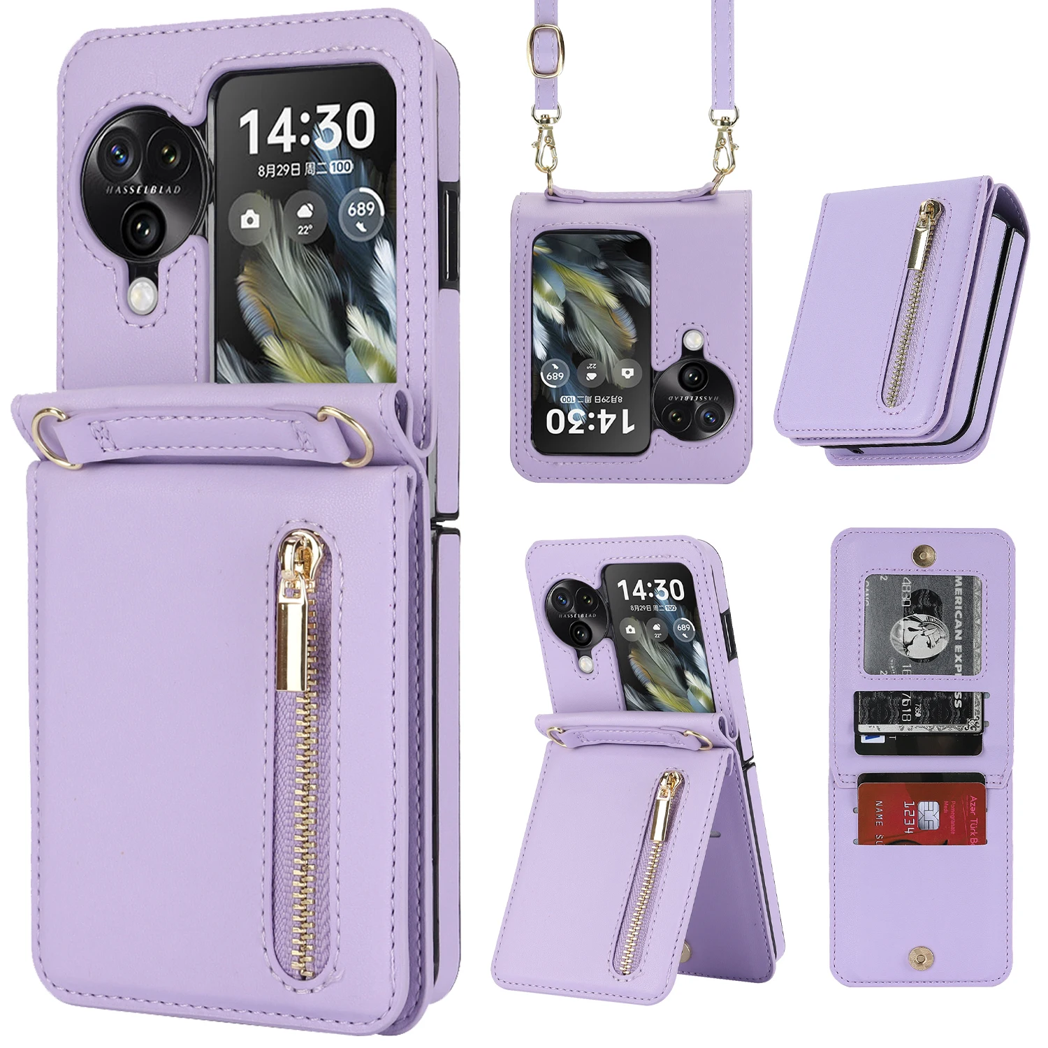 Crossbody Zipper Cards Solt Wallet Leather Case For Oppo Find N3 Flip 5g N2 Pgt110 N2flip Vertical Purse Long Lanyard Bag Cover