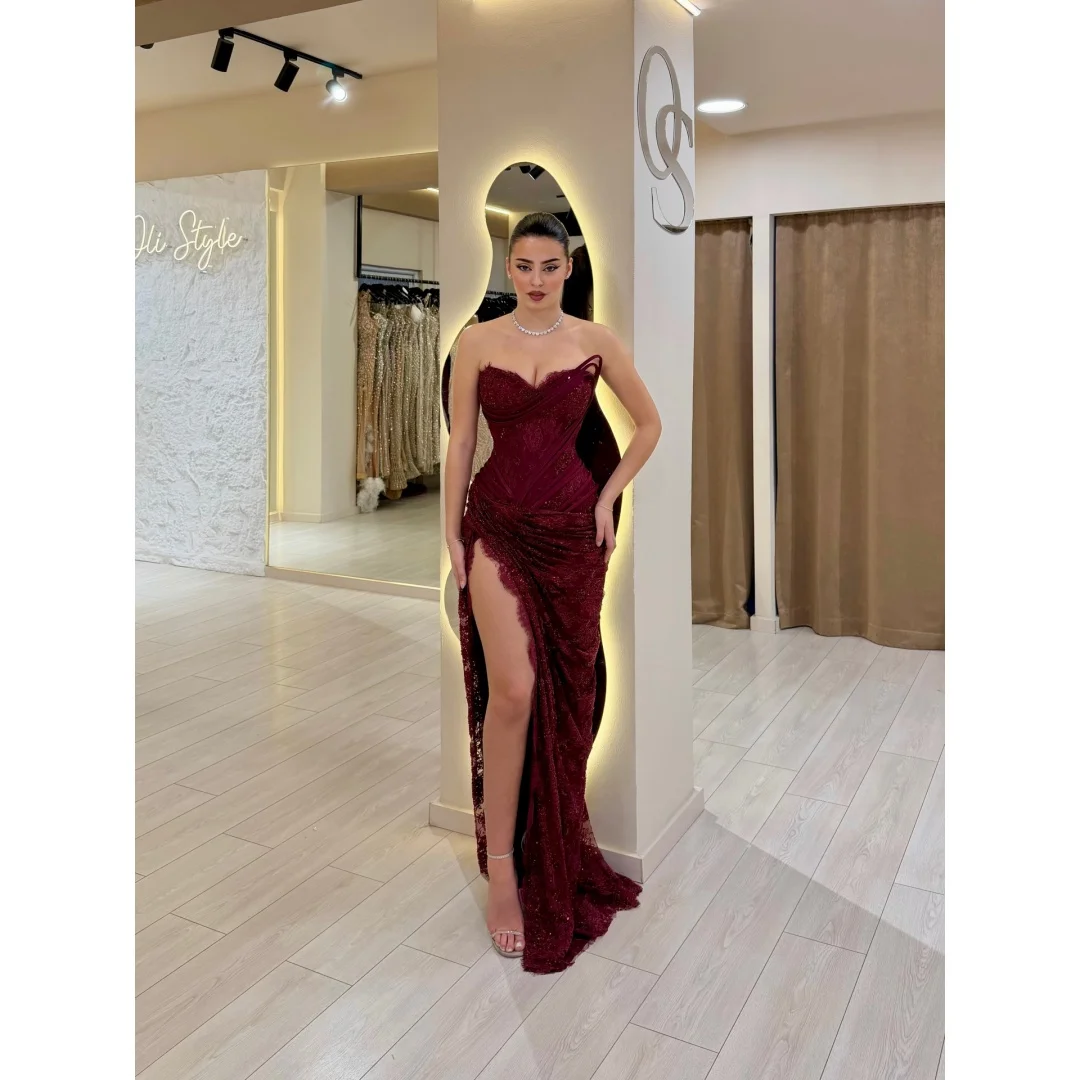 Vestido de Noche de Sirena con Encaje Exquisito Color Borgoña Personalizado Cathy, Vestidos de Noche Largos hasta el Suelo con Abertura Lateral Alta, Vestido de Noche Formal 2026