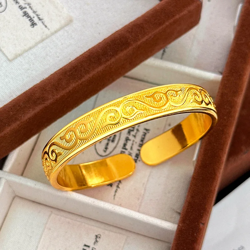 Retro Style 9999 24K Real Gold Brushed Pattern Bracelet Solid Texture Open Bracelet Versatile and Fashionable Gift Girlfriend