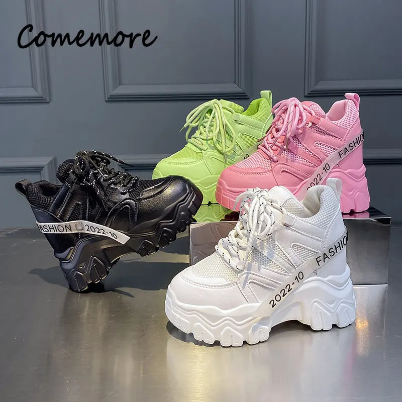 Comemore Women Sneakers Chunky Breathable Mesh Casual Shoes Platform Wedge Heels Sports Pink Shoe 2023 New Spring Autumn Fashion