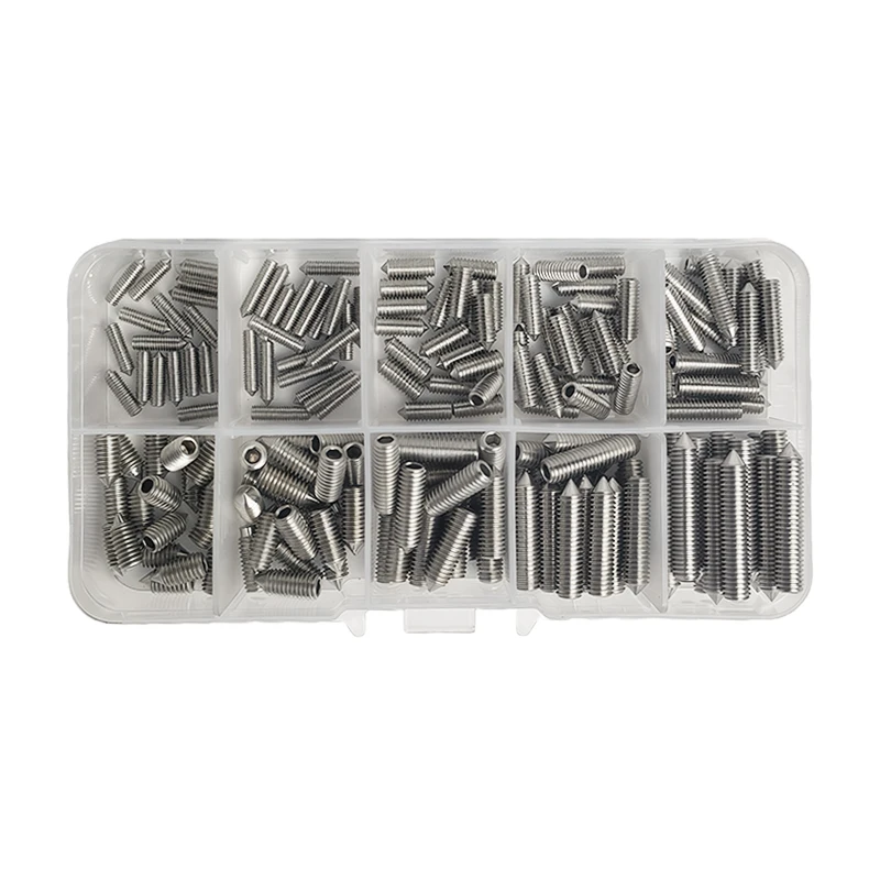 DIN914 304 Stainless Steel Hex Socket Point Grub Screws M3 M4 M5 M6 M8 M10 Assortment Kit - High Hardness Fasteners Set