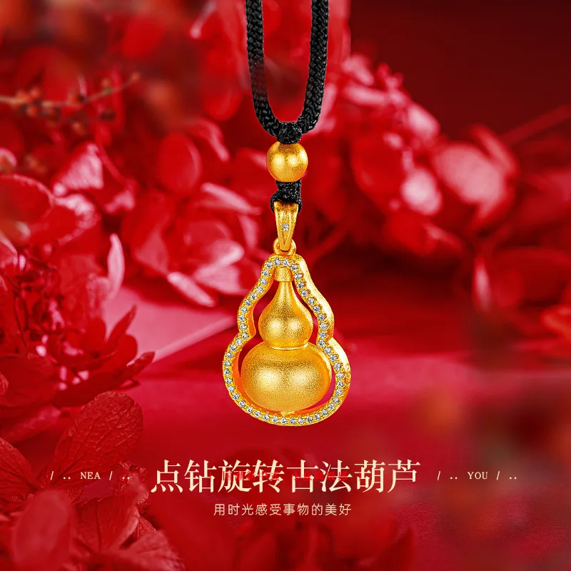 

New Chinese style 24k gold 9999 real gold diamond inlaid Fulu pendant ancient method diamond inlaid rotating gourd pendant