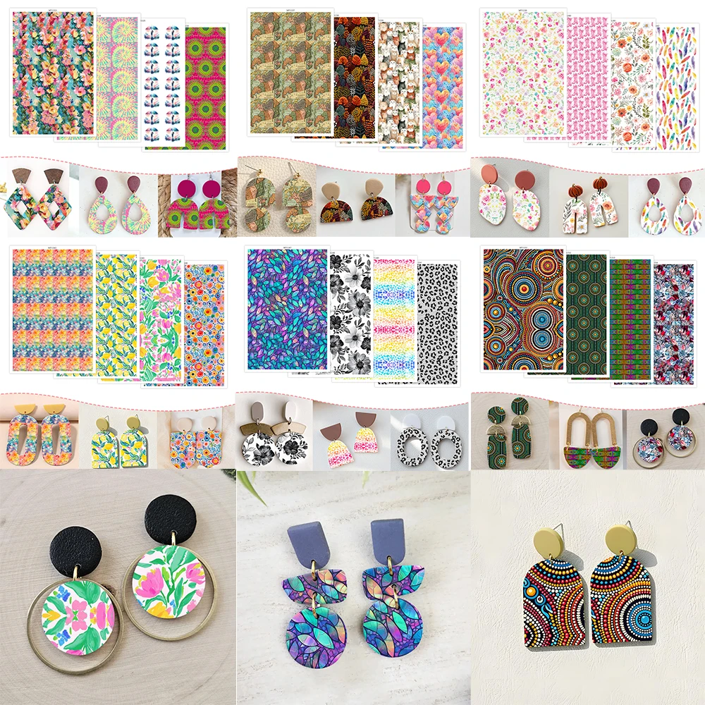 Colorful Flower Leaves Plants Transfer Paper Polymer Clay Abstract Geomrtry Printed Self-adhesive Stickers for DIY Earring Decal