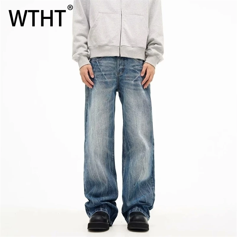 

WTHT Fashion Men's Gradient Do Old Design American Style Denim Pants Vintage Casual Loose Straight Jeans Male 2025 Summer 2A0542