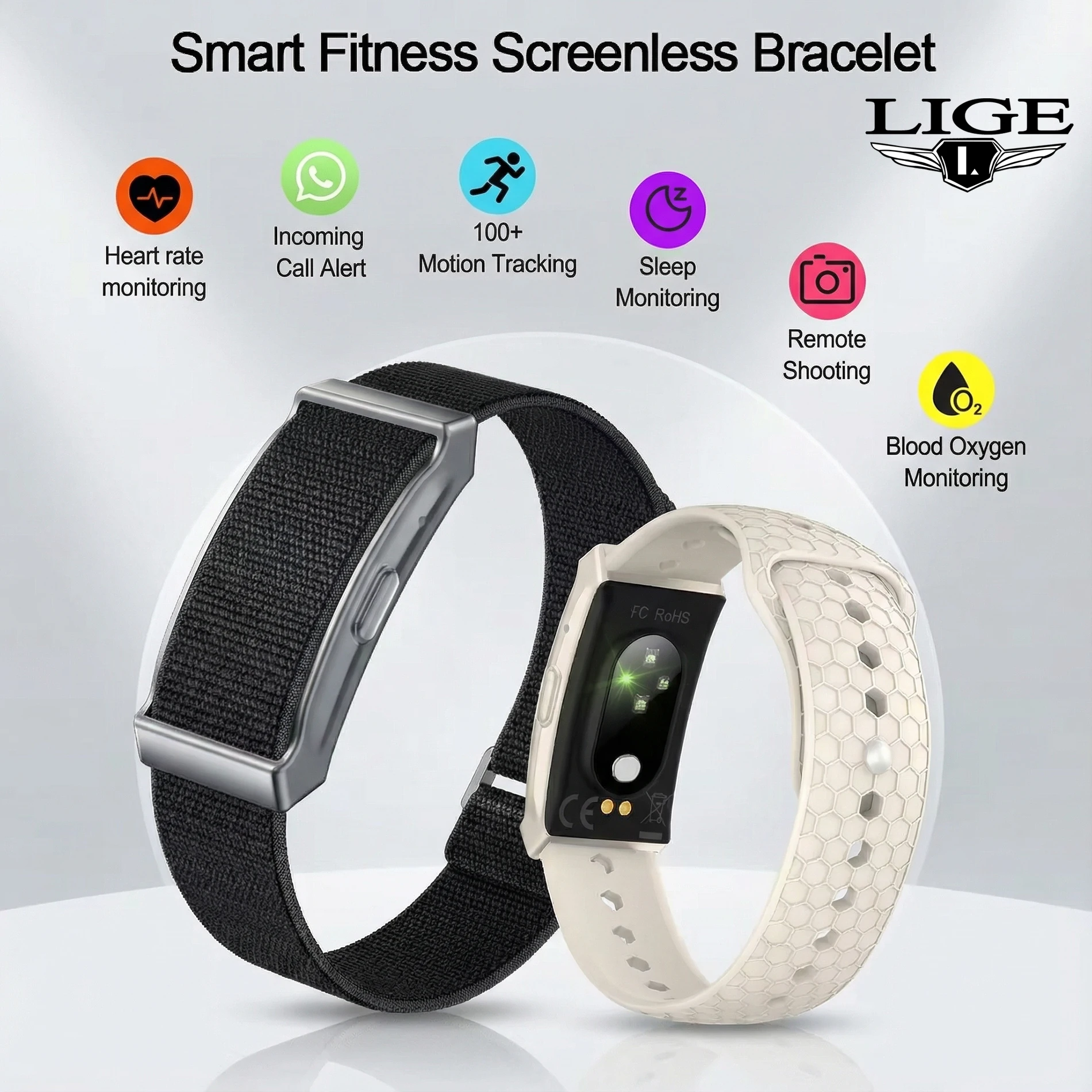 

LIGE New No Screen Bracelet Men's Sports Outdoors Fitness Heart Rate Monitoring IP68 Waterproof Women Smartwatch For Andriod IOS