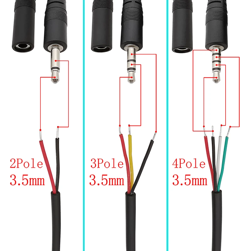 5Pcs Mono/Stereo 3.5mm Male Plug / Female Jack to Bare Wire AUX 2/3/4 Pole Pin Audio Headphone DIY Repair Extension Cable 30CM