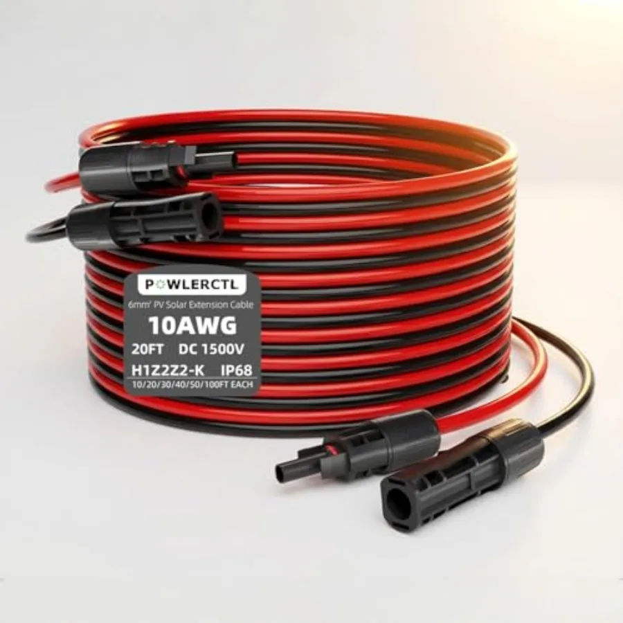 

Solar Panel Extension Cable 10 AWG 20Feet 6mm² Wire Gauge Certified PV Cable, Tinned Copper with Male and Female Waterproof mc4