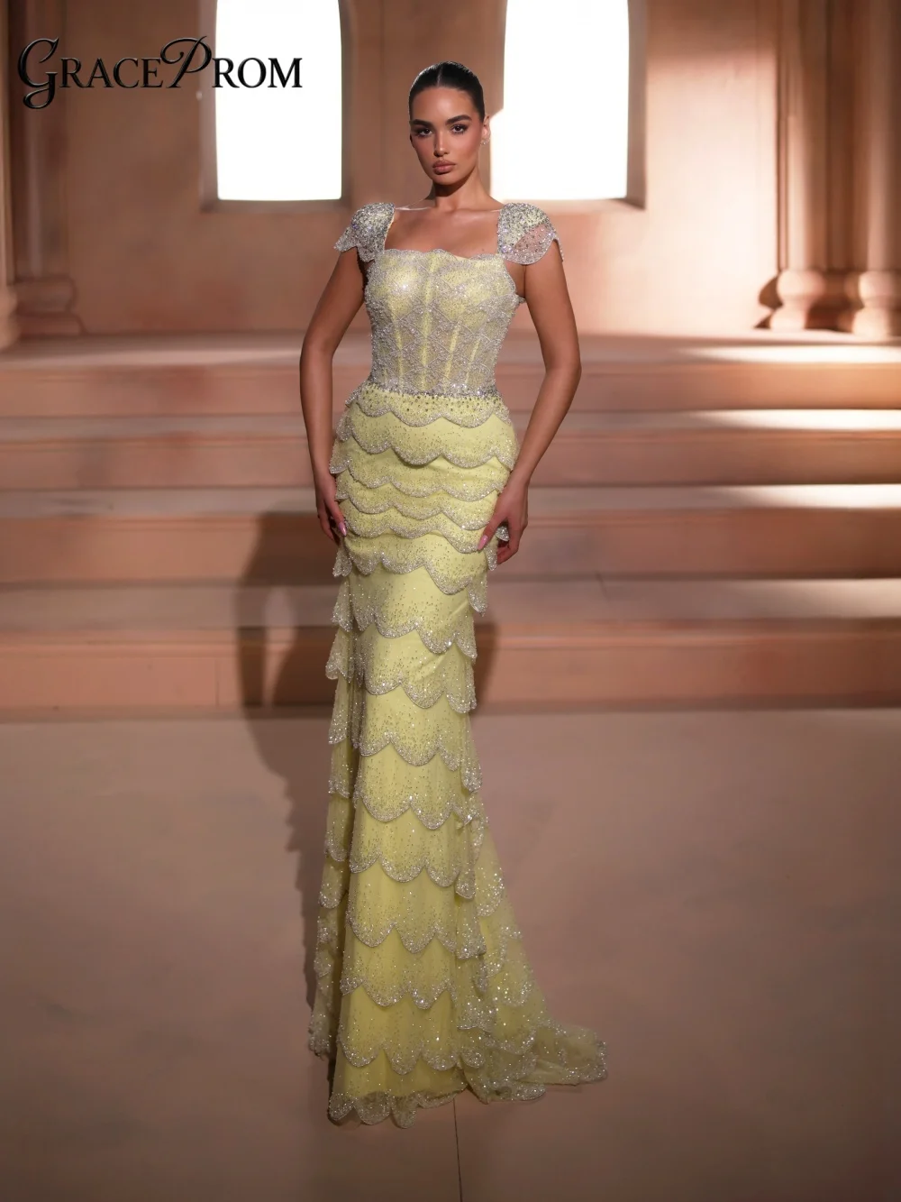 

Sparkly Yellow Mermaid Party Dress Beaded Cap Sleeves Evening Gown 2026 With Tiered Scallop Skirt For Wedding Guests فساتين سهرة