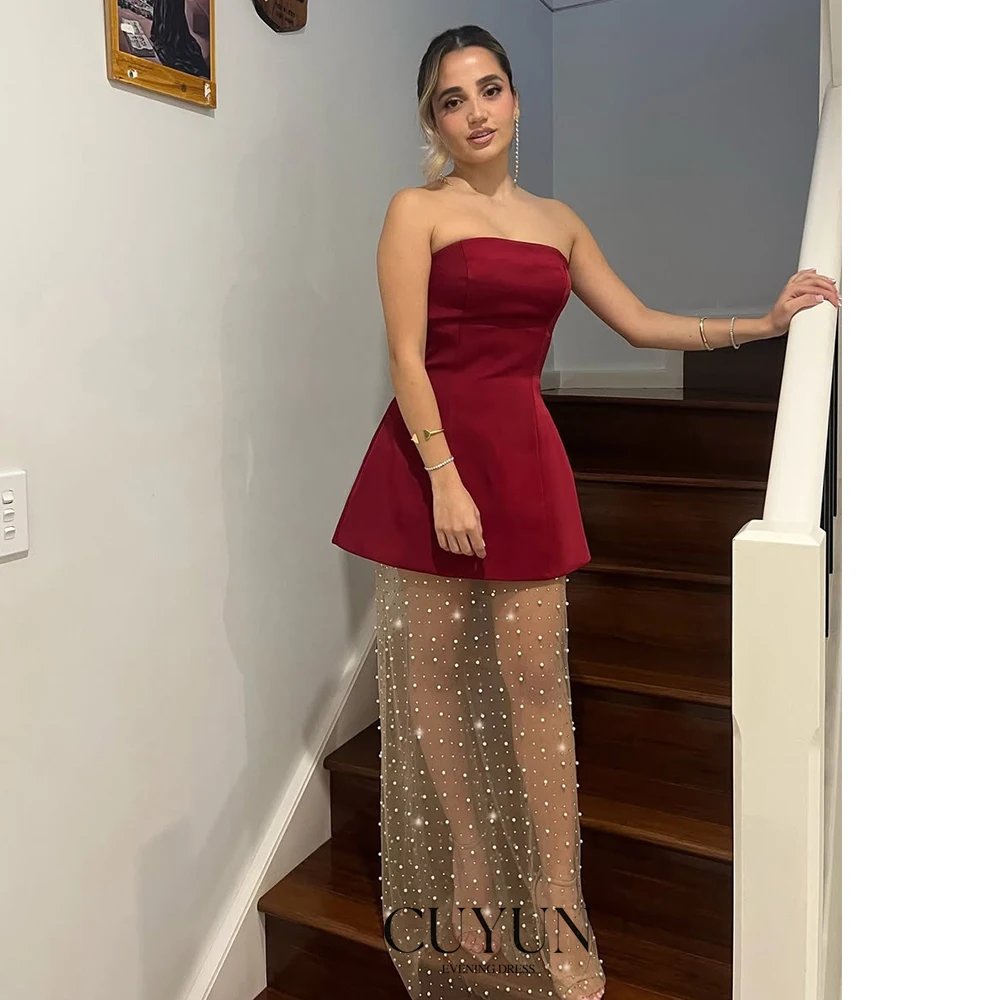 

CUYUN Luxury Women Party Dresses Red Strapless Beading Tulle Evening Dresses Customized Gown for Special Occasion