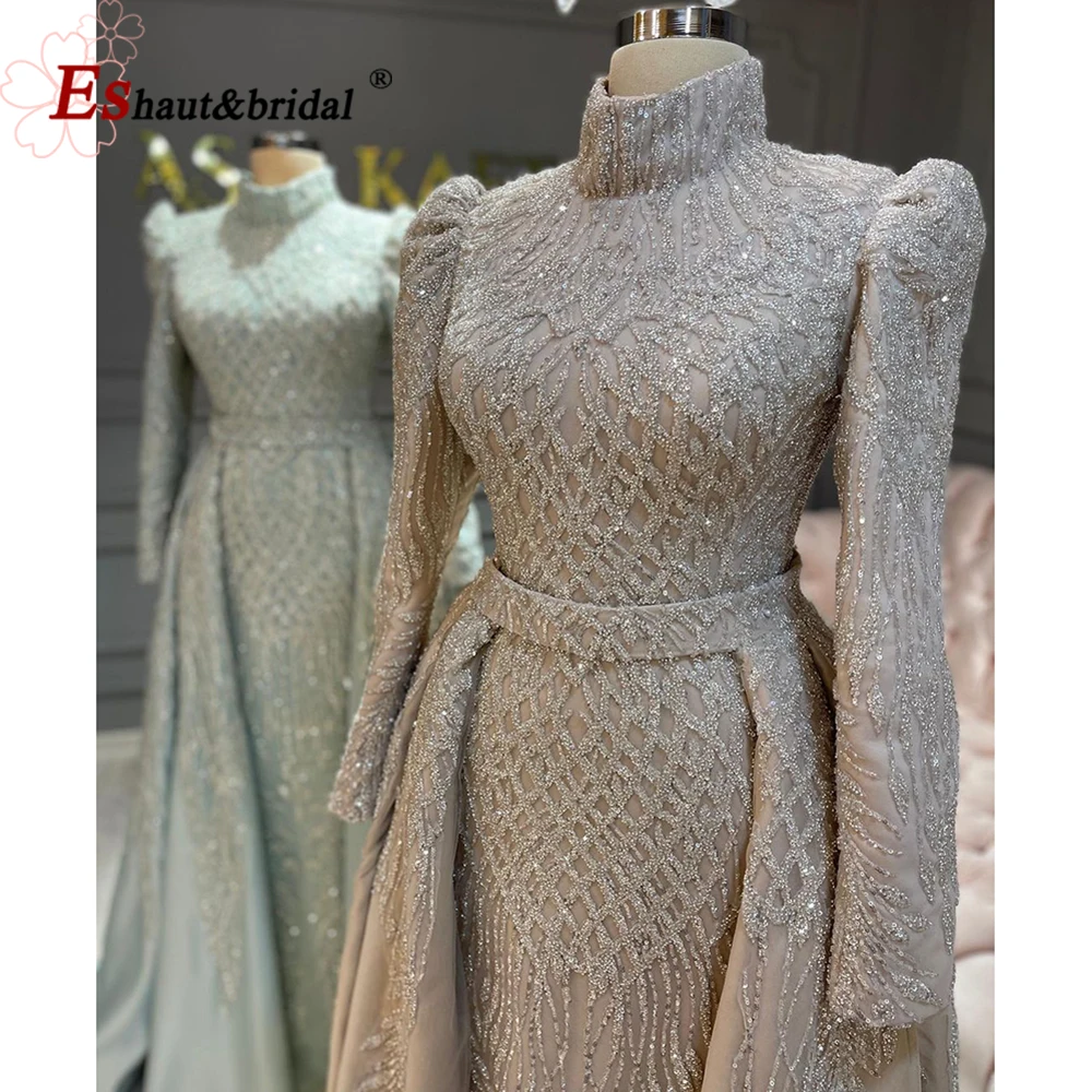 Elegant Muslim Mermaid Wedding Evening Dress for Women 2024 Long Sleeves with Detachable Train Beads Prom Party Gown Customized