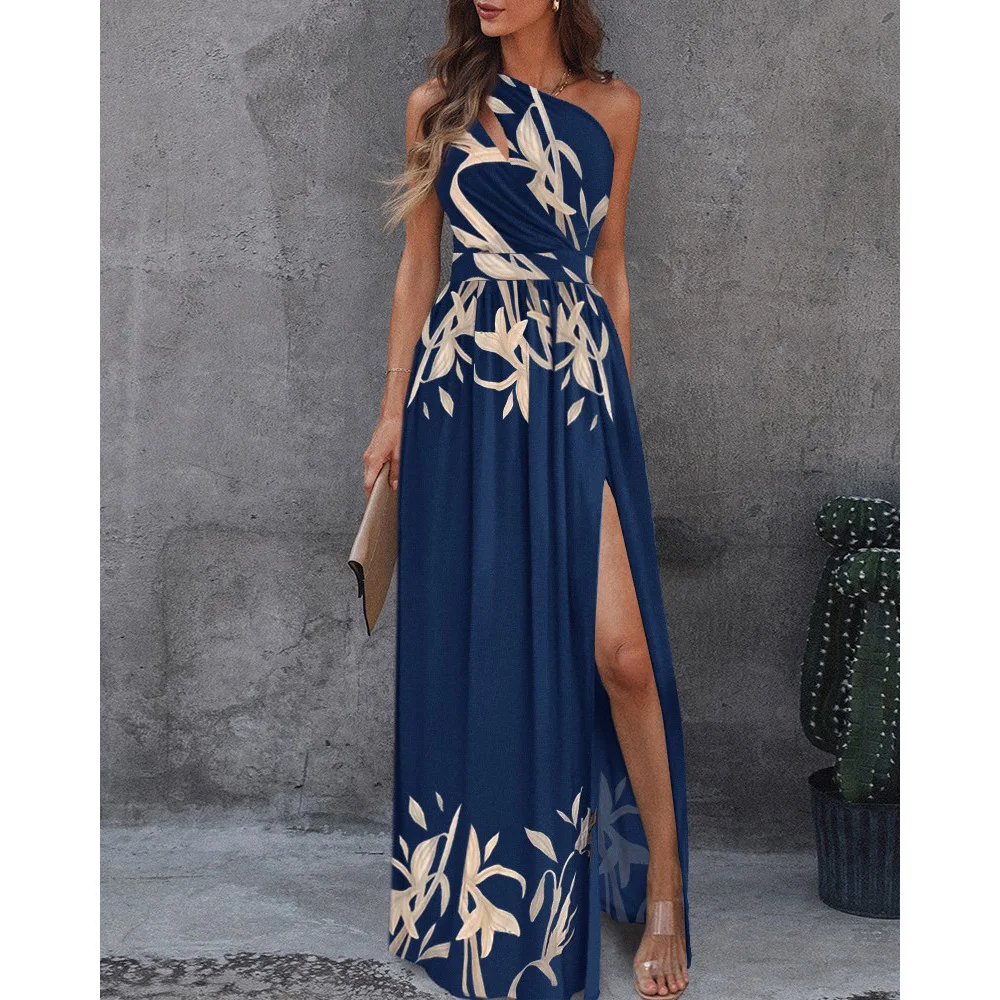 Women's 2024 New Elegant Hollow-out Slanted Sleeveless Print High Waist Slit Maxi Dress Evening Festive Party Vocation Holiday