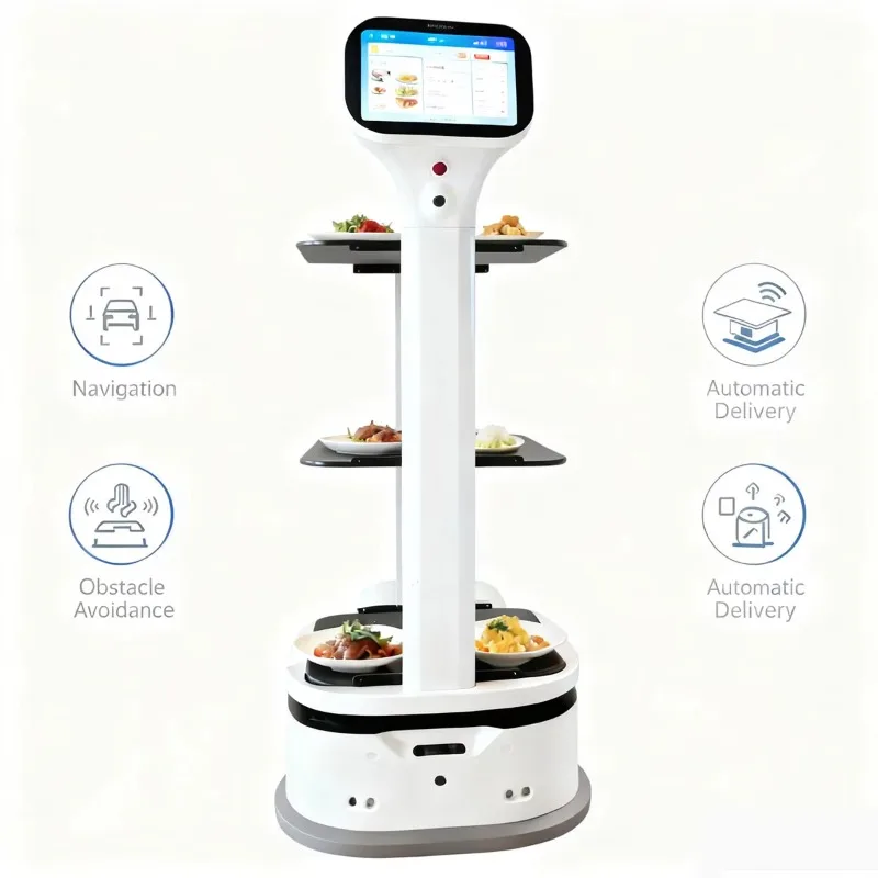 Intelligenter Lebensmittellieferroboter für Restauranthotels mit stabilem mehrschichtigem Tablett, autonome Navigation, selbstladender Service-Bot