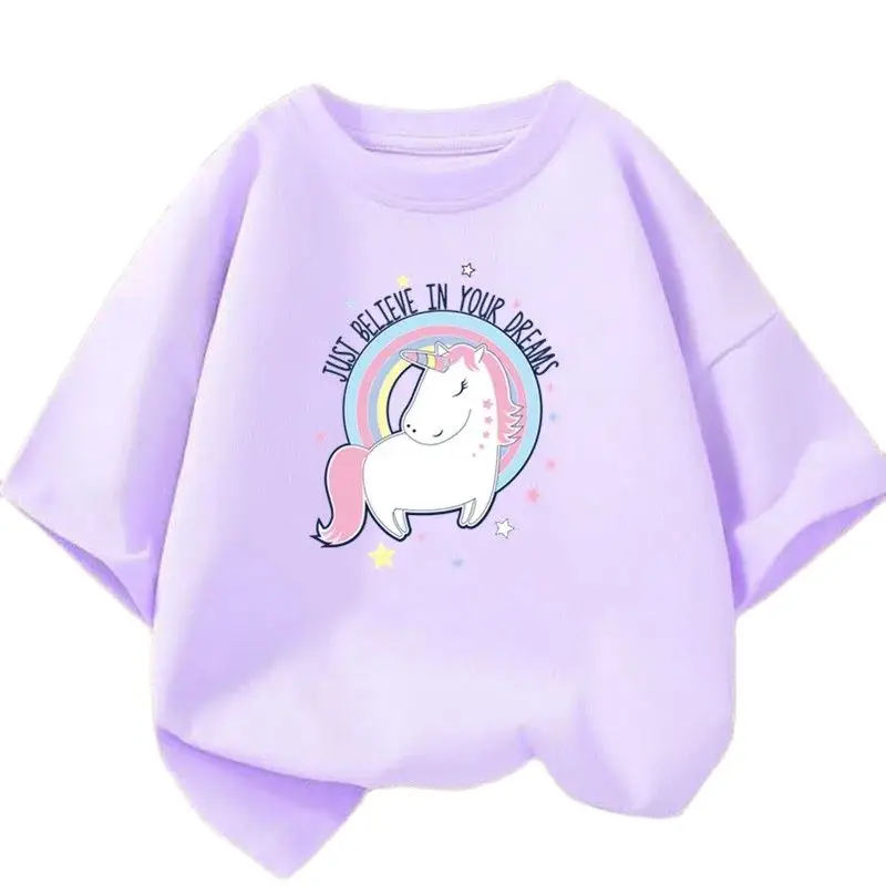 Kinder Mädchen T-Shirt Kurzarm Regenbogen Einhorn Print Tops Kinder Sommer 3-14 Jahre Mädchen niedlich lässig T-Shirts