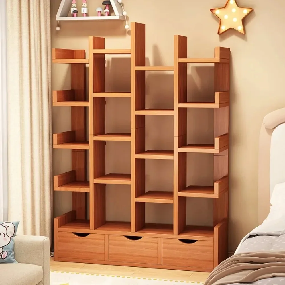 Living Room Bookshelf Multi-Level Floor Standing Storage Rack Solid Wood Bookshelf With Drawers Study Books Storage Bookcase