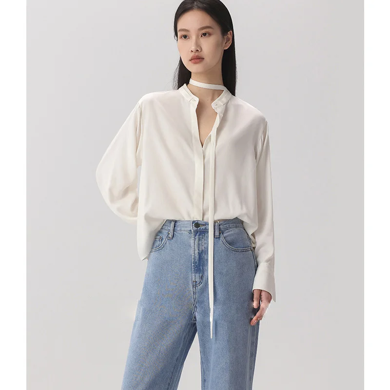 

Spring Women Tie Shirts Double-layer Stand Collar Loose Long Sleeve Breathable Wrinkle-free Shirt