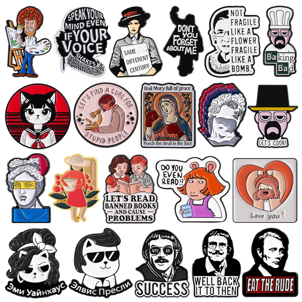 Cartoon Anime Characters Enamel Pins Cute Curly-haired Cat Lady,Chef,Sculptor,Painter Lapel Badges Backpack Jewelry Gifts