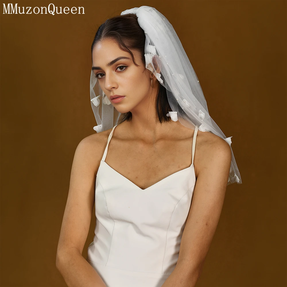 MMQ M101-velo de novia corto y elegante, elegante, fresco, blanco, perla, flor, pompones, Europa y Estados Unidos