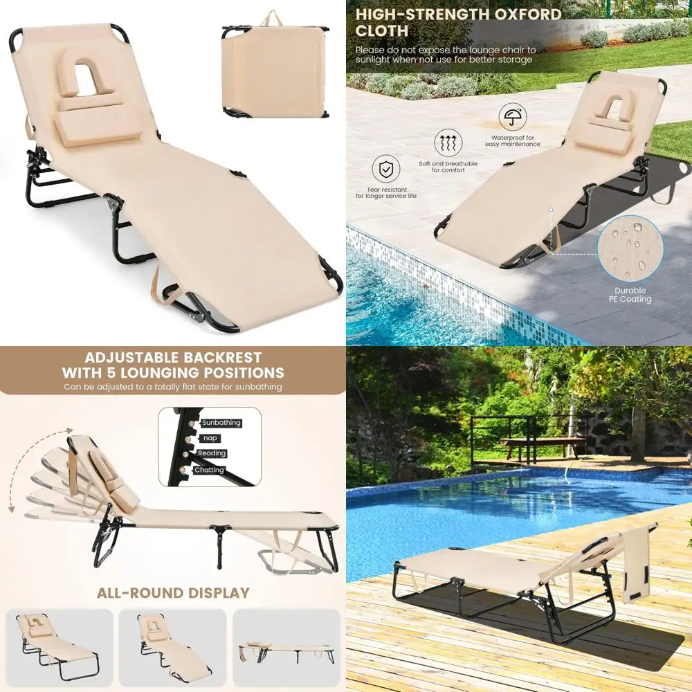 

Adjustable Folding Chaise Lounge Chair for Beach with Face Hole, Washable Pillow, Carry Strap, Supports Up to 350lbs