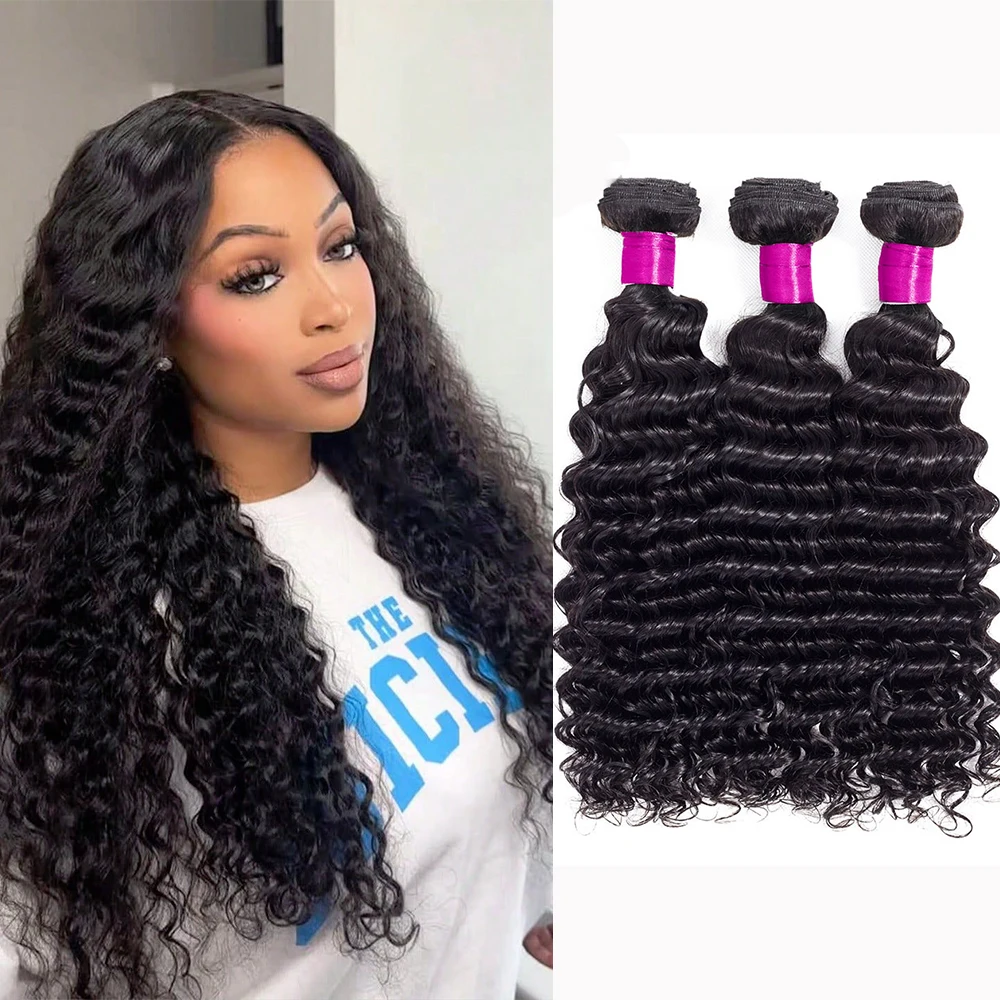 Deep Wave Human Hair Bundles 24 26 28 inch Deep Curly Bundles 100% Human Hair for Women Brazilian Remy Human Hair Extensions