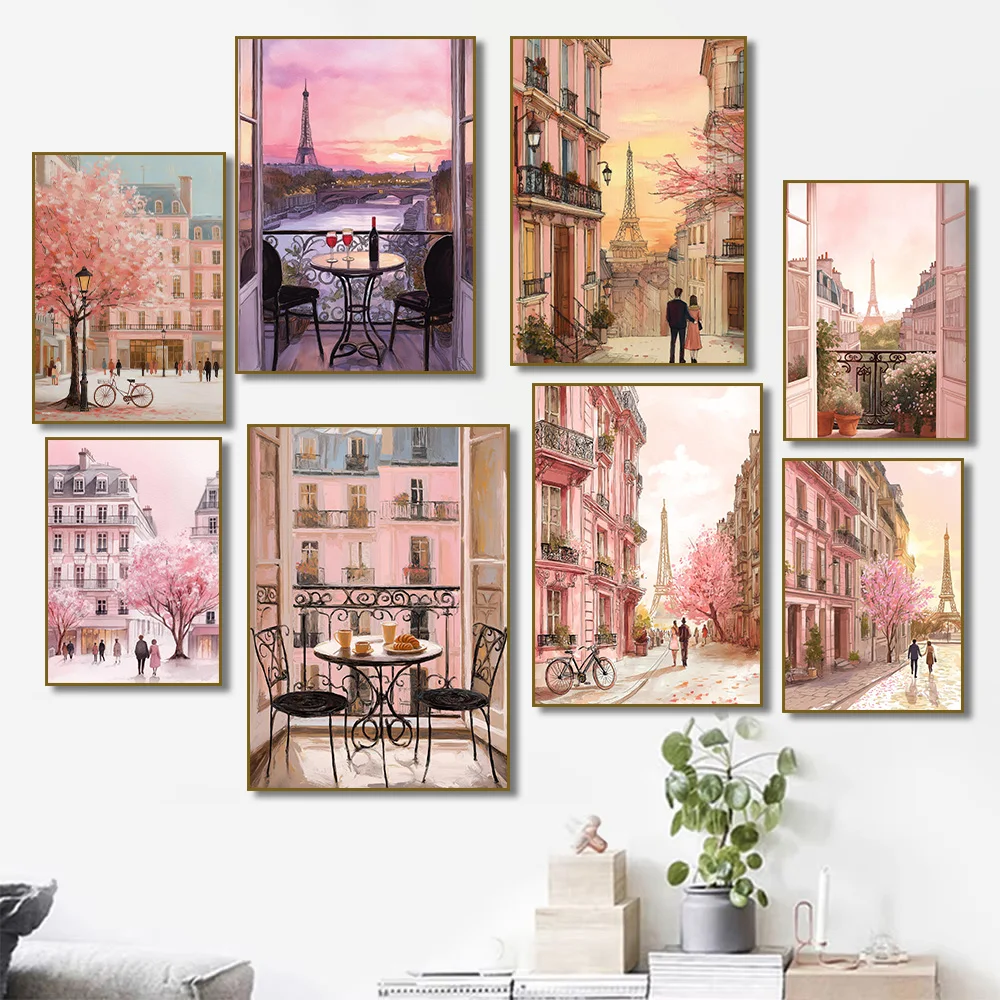Watercolor Paris Balcony Coffee Poster French Cityscape Travel Canvas Painting Print for Living Room Home Decor Valentines Gi