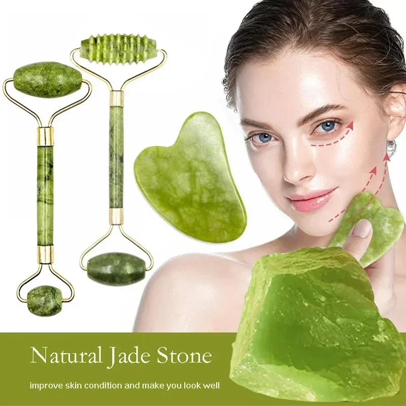 Rodillo de Jade de piedra Natural para masaje facial, juego de herramientas de masaje Gua Sha para SPA, visera corporal, nuevo