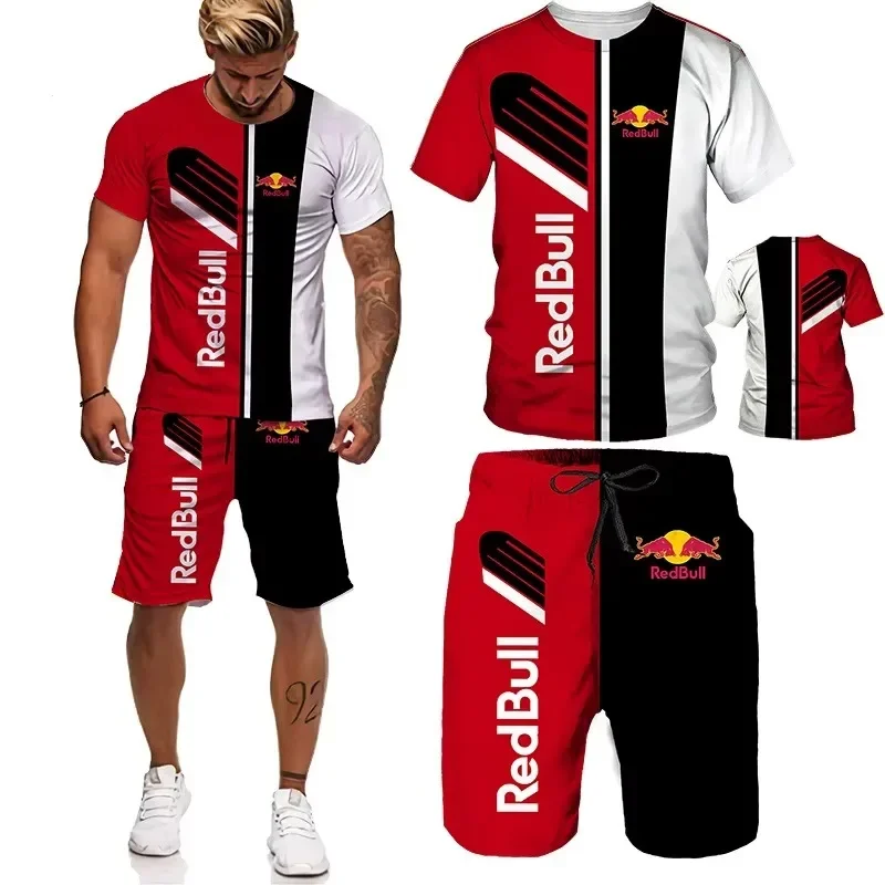 เสื้อยืดกีฬาผู้ชายกางเกงขาสั้นชุด 2025 ฤดูร้อน Red Bull 3D พิมพ์โพลีเอสเตอร์สบายรอบคอชุดมอเตอร์ไซค์