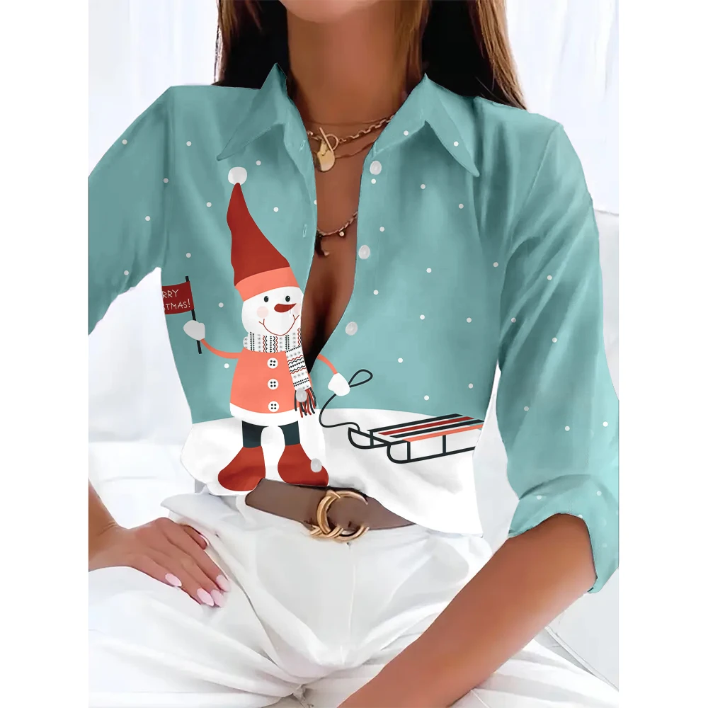 2024 Santa Claus 3d Printed Long Sleeve Shirt & Blouse Fashion Button Basic Tops Elegant Lapel Shirts Autumn & Winter Christmas